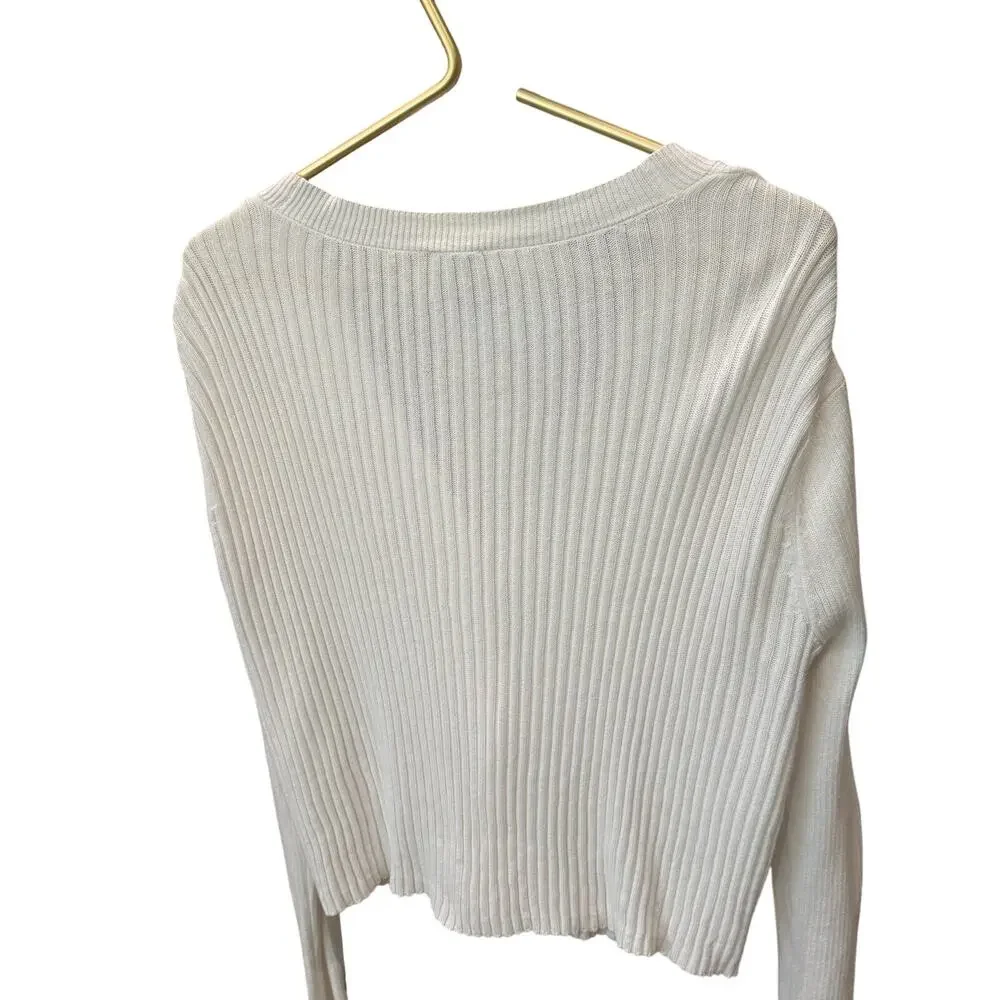 Cabi Snapshot Cardigan M White Cropped Ribbed Knit Snap V Neck Sweater 6173